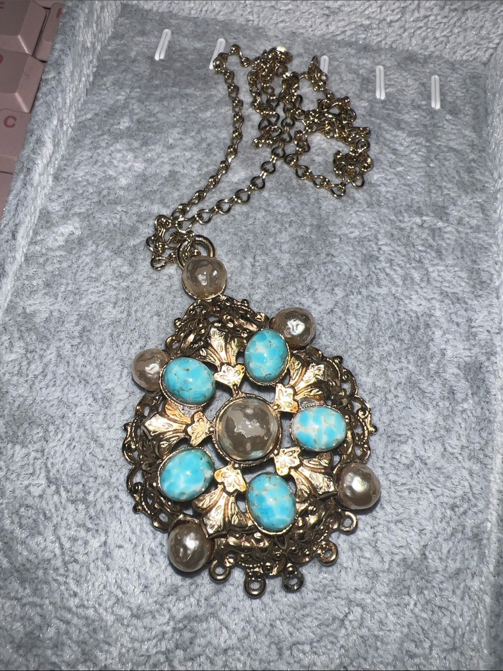 Vintage faux turquoise and faux pearl pendant and chain